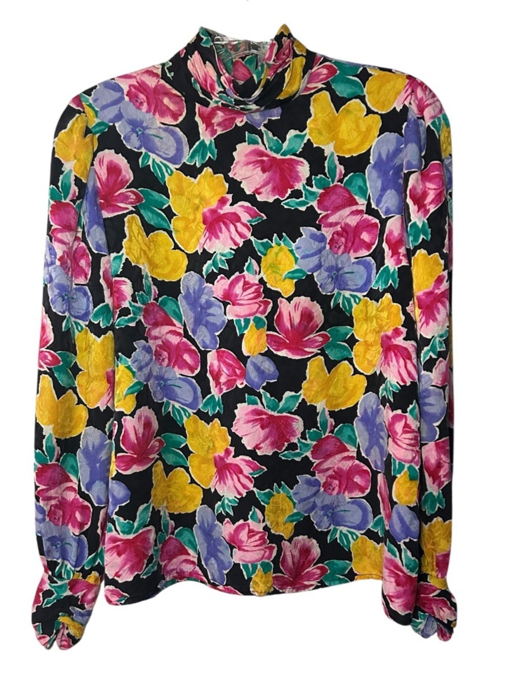 Vintage Saks Fifth Avenue 100% Silk Floral Long Sleeve Mock Neck Top Size 6